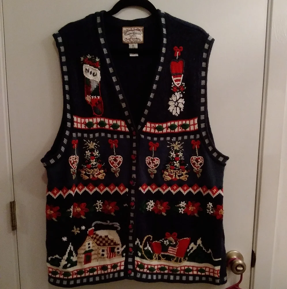 CHristmas vest Navy 3X Pre-owned Stocking Sleigh Poinsetta Embroidered … - Picture 1 of 14